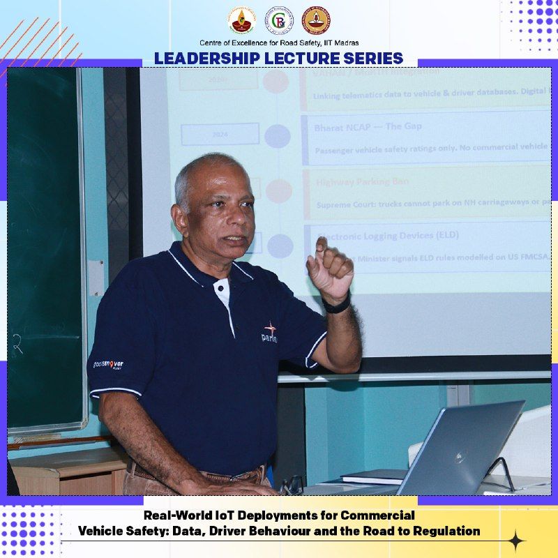 Speaker presenting at the IIT Madras Leadership Lecture Series on commercial vehicle safety
